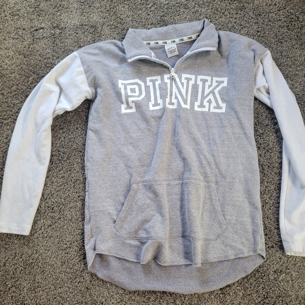 PINK Logo Three-Quarter Zip Up Pull Over Collar Size Gray White Small